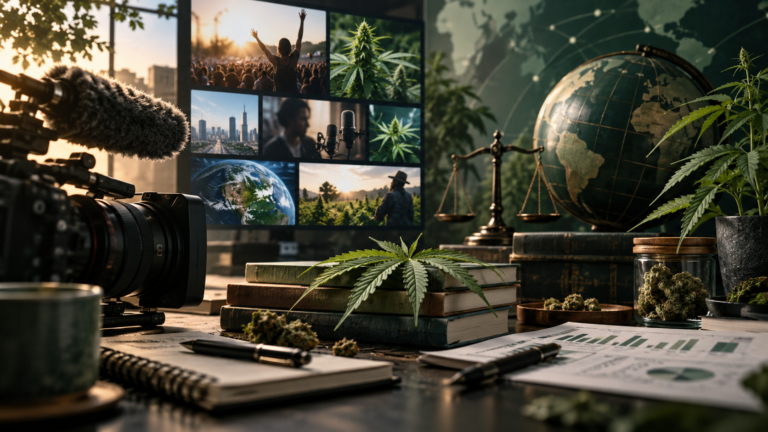 Cannabis leaves and modern media imagery representing cannabis culture and education