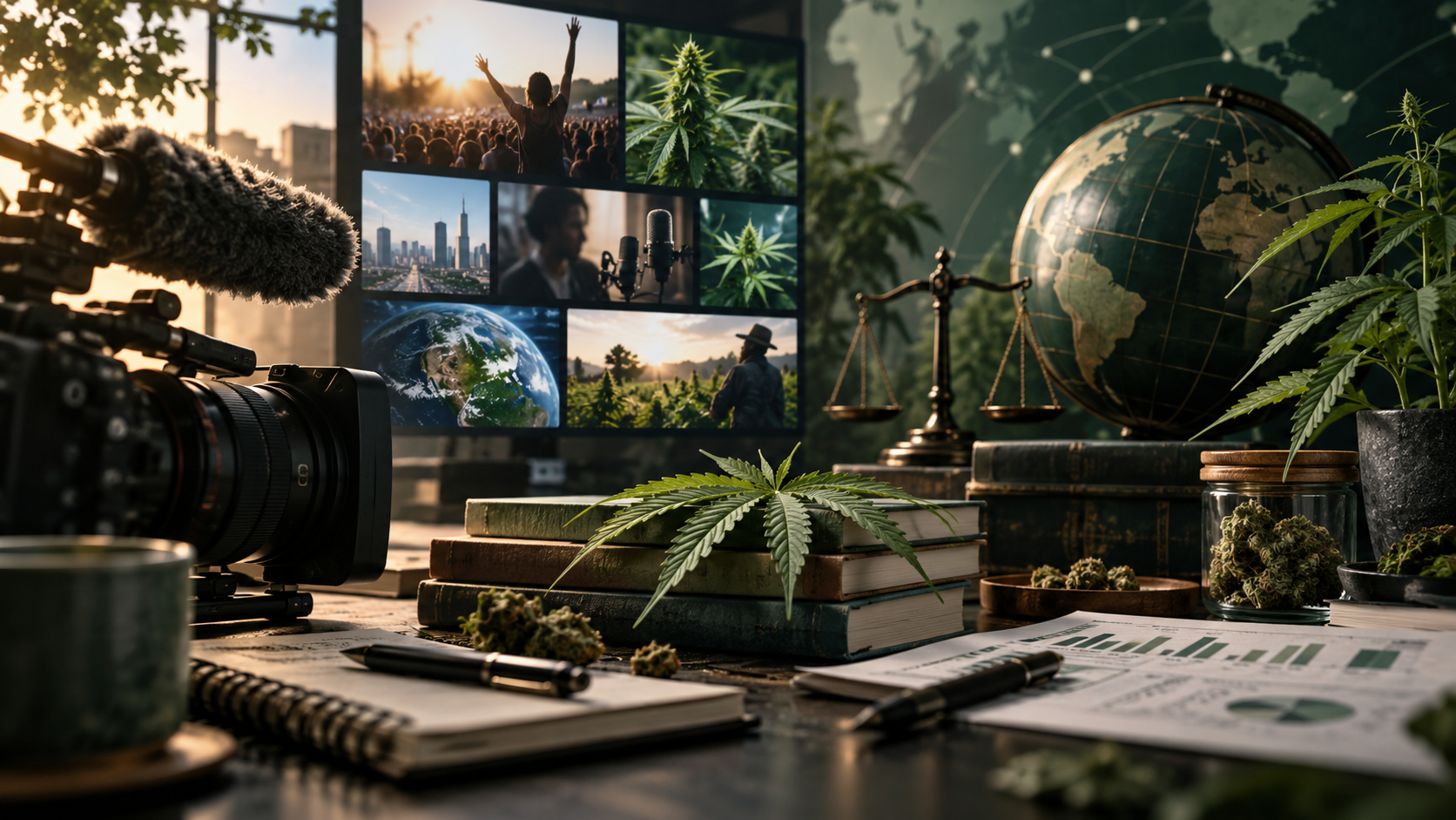Cannabis leaves and modern media imagery representing cannabis culture and education